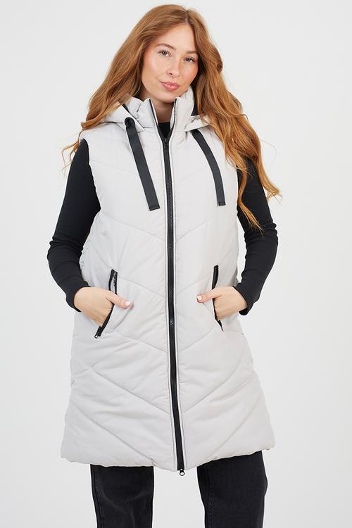 Ladies Diamond Quilted Hooded Long Gilet - Stone