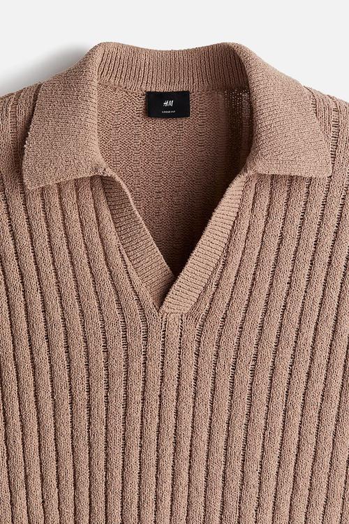 Loose fit rib-knit polo shirt - dark beige