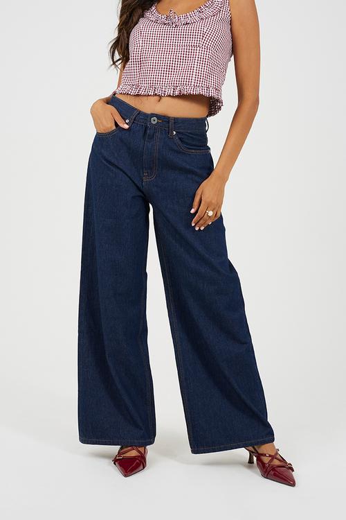 Ladies Mid Rise Wide Leg Jean - Indigo