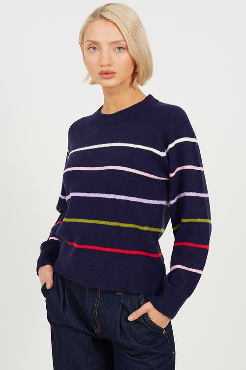 Ladies Raglan Crew Neck Jumper With Multi Coloured  Stripe - Navy/Multi Stripe