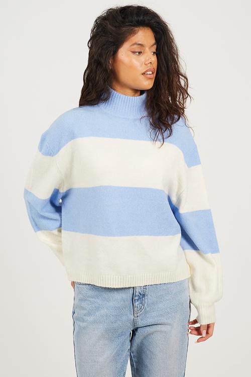 Ladies Crew Neck Stripe Jumper With Balloon Sleeves - Blue/Ivory Stripe
