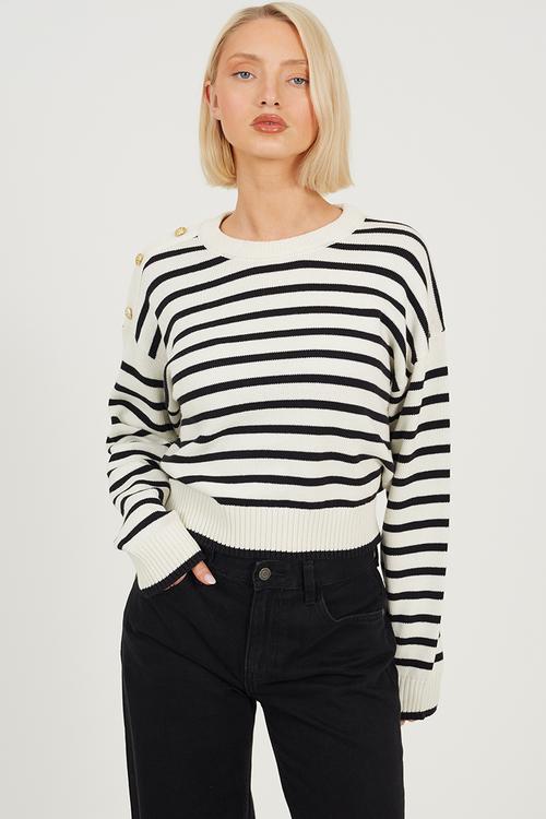 Ladies Crew Neck Stripe Cotton Boxy Shape Jumper - Ivory/Black Stripe