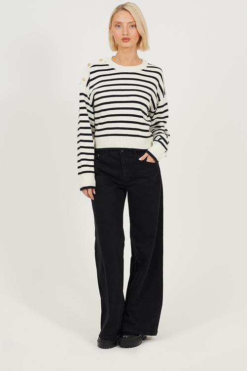 Ladies Crew Neck Stripe Cotton Boxy Shape Jumper - Ivory/Black Stripe