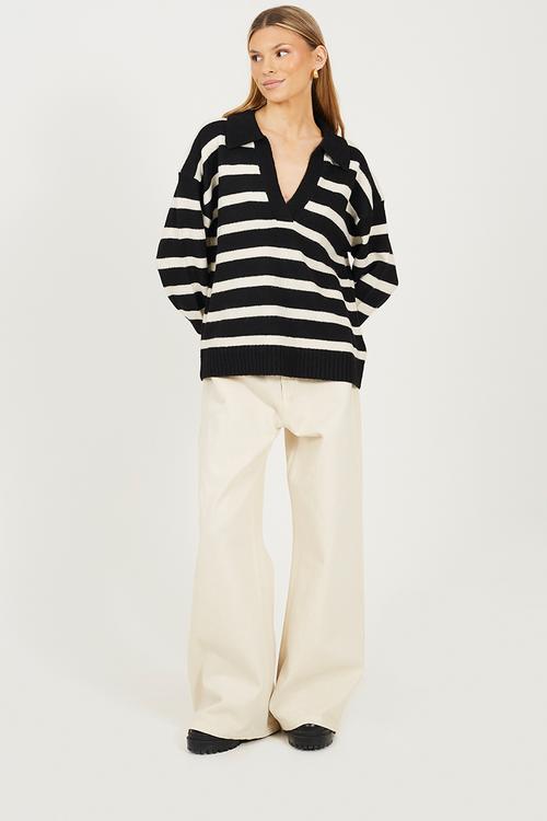 Ladies V Neck Stripe Jumper - Black/Oatmeal Stripe