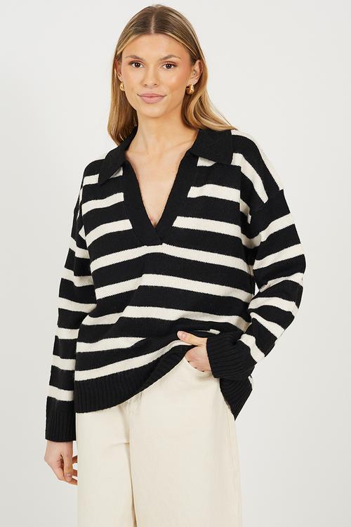 Ladies V Neck Stripe Jumper - Black/Oatmeal Stripe