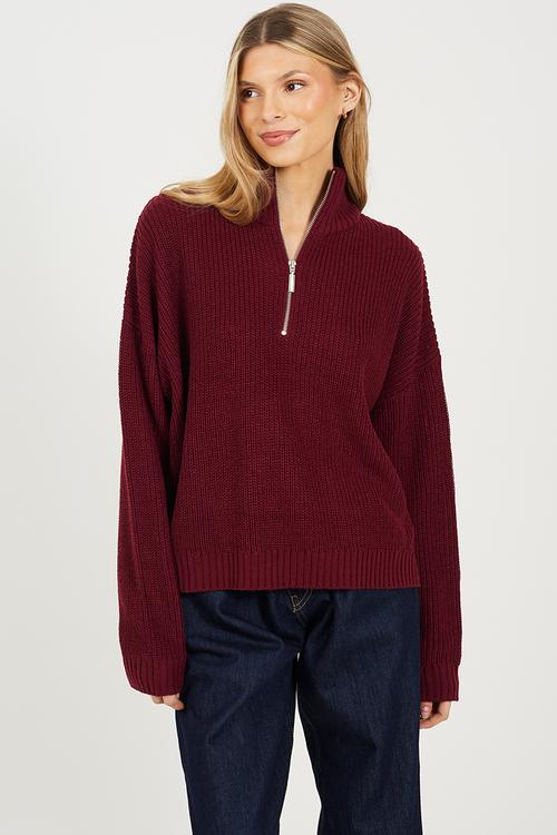 Ladies Half Zip Neck Jumper - Wine