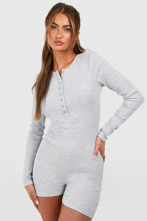 Rib button front romper - grey marl