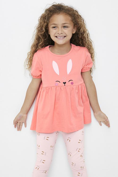 Bunny face tee peplum tee with printed leggings - pink
