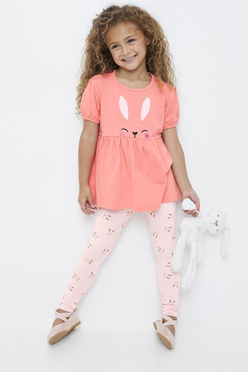 Bunny face tee peplum tee with printed leggings - pink
