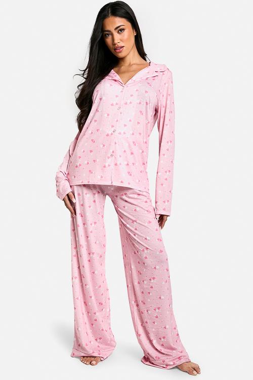 Heart print long sleeve shirt & trousers pyjama set - pink