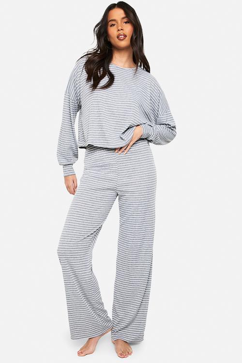 Loungewear stripe long sleeve top & trousers pyjama set - grey