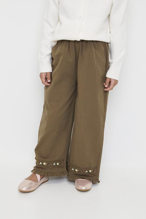 Floral embroidered wide leg pants - dark brown