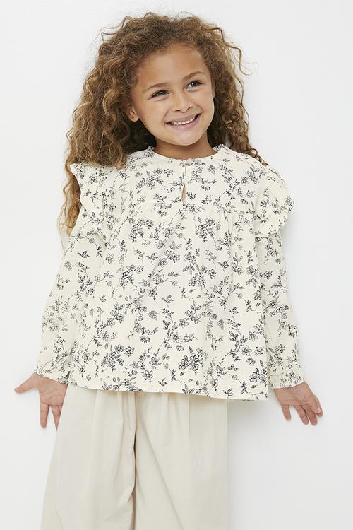 Floral ruffle sleeve top - ecru