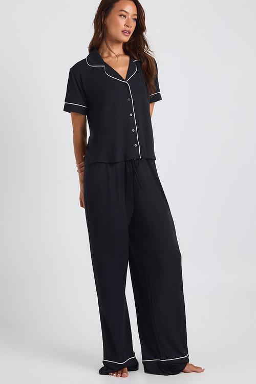 Tall premium modal piping detail short sleeve shirt & trous - black