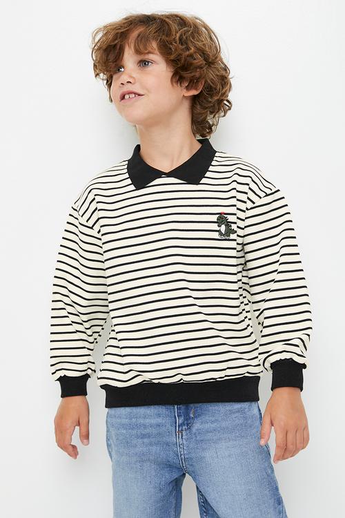 Striped collared sweat top-black & white