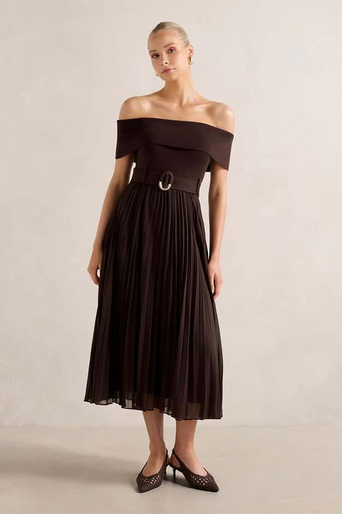 Capri bardot pleat hem midi dress in chocolate 