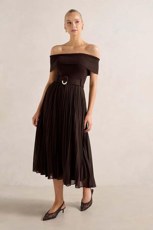 Capri bardot pleat hem midi dress in chocolate 
