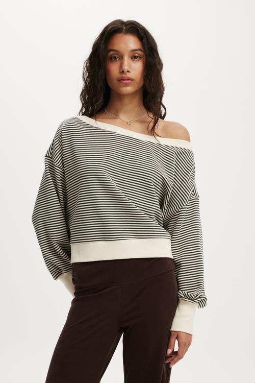 Off Shoulder Sweatshirt - Cream/Slate Stripe