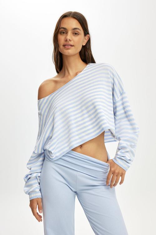 Off the shoulder cropped knit - violet blue/coconut milk gracie stripe