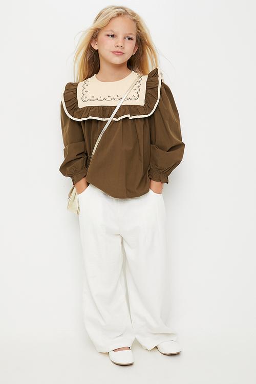 Embroidered bib ruffle sleeve blouse - brown/beige