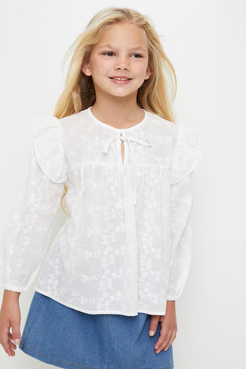 Broderie ruffle sleeve top - white