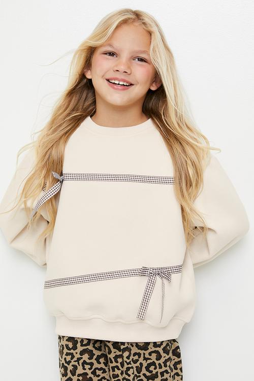 Bow décor sweatshirt - neutral/brown gingham