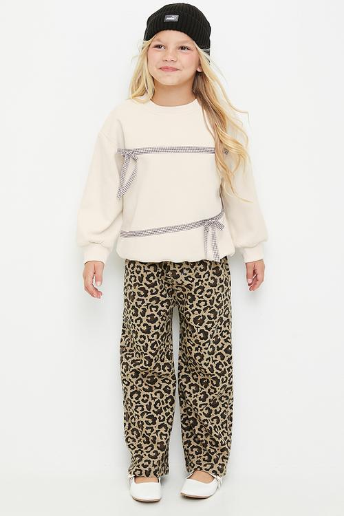 Bow décor sweatshirt - neutral/brown gingham