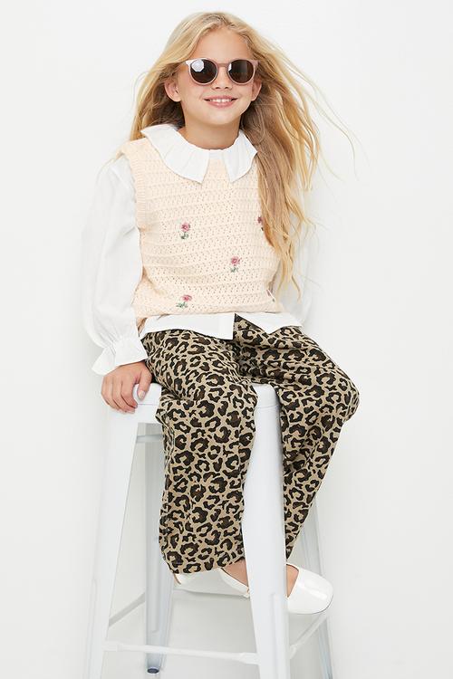 Knitted floral vest with pleated collar shirt - white/neutral
