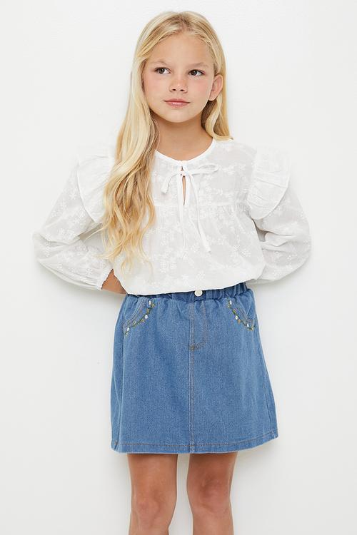 Embroidered pocket a-line denim skirt - blue