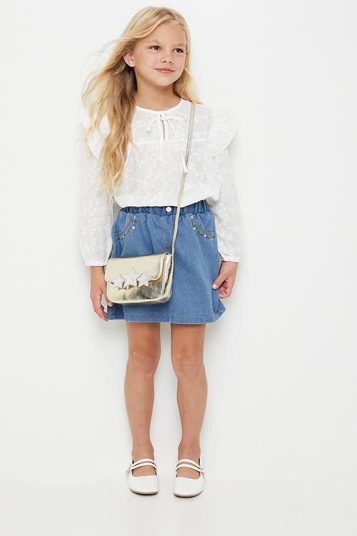 Embroidered pocket a-line denim skirt - blue