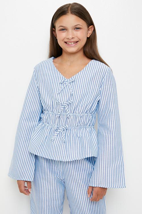 Bell sleeve top & bell bottom pants set - blue