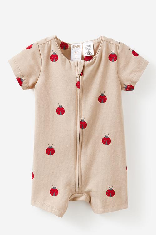 The Short Sleeve Zip Romper -  Latte Cream/Lady Bug