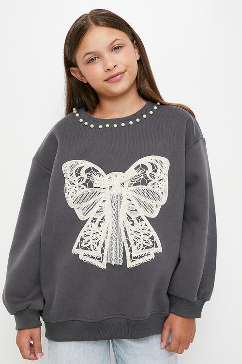 Bow applique sweat top - grey