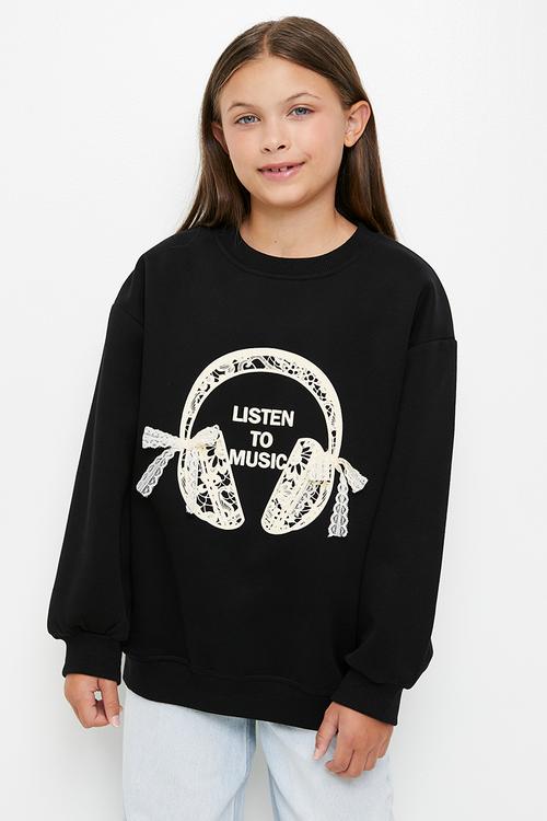 Lace applique sweatshirt - black