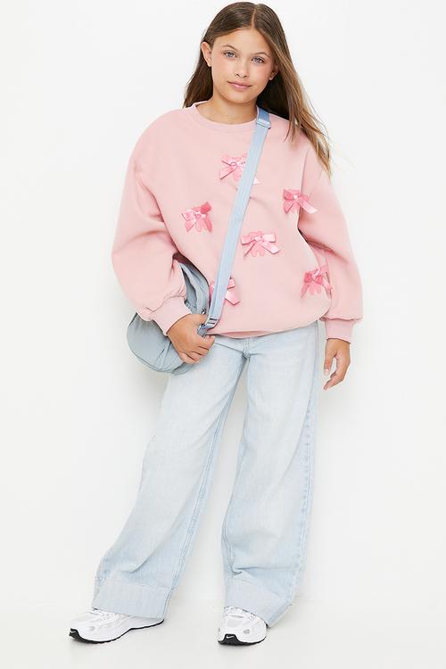 Bow décor sweat top - pink