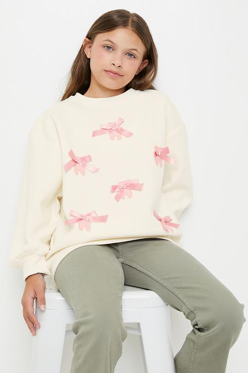 Bow décor sweat top - cream/pink