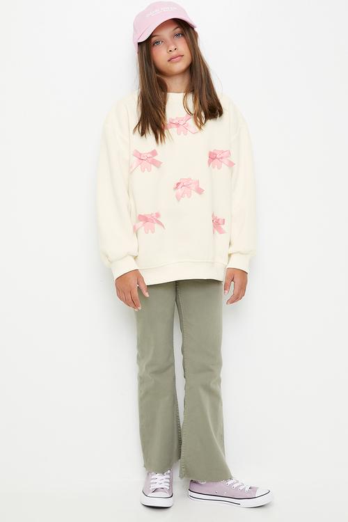 Bow décor sweat top - cream/pink