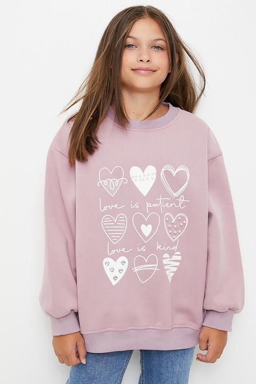 Heart print & pearl detail sweatshirt - dusty mauve