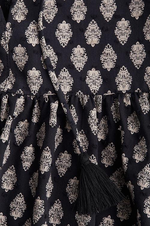 Tie-detail cotton dress - black patterned