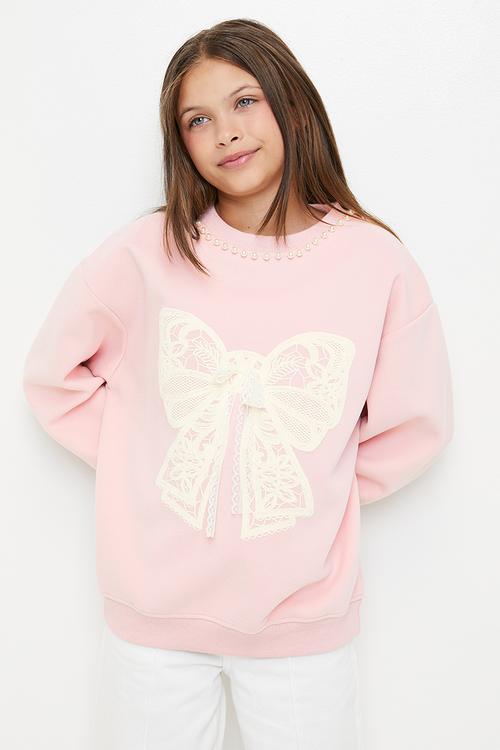 Bow applique sweat top - pinkish cream