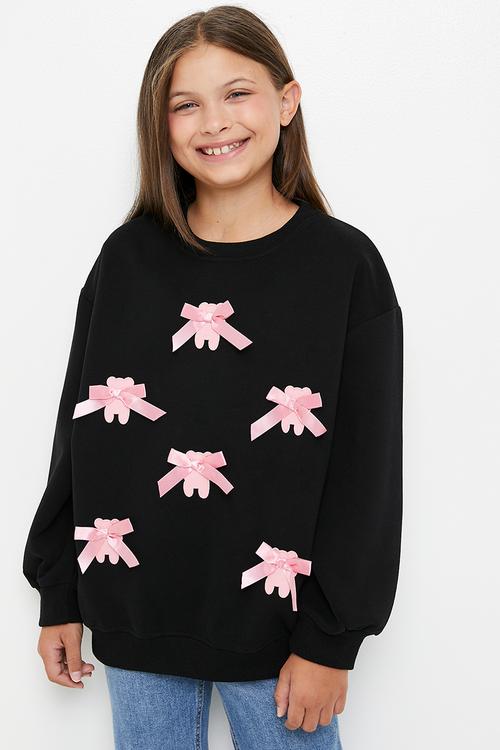 Bow décor sweat top - black/pink