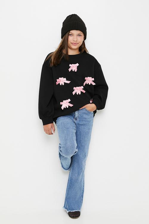 Bow décor sweat top - black/pink