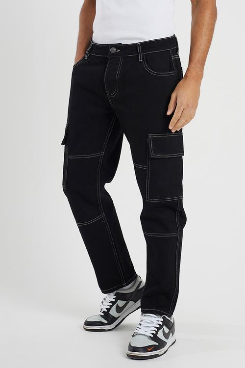 Loose Fit Cargo Denim Jean - Black Regular Length