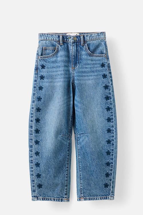 Unisex Barrel Leg Denim Jean - Blue Haven Mid Blue/Embroidered Stars