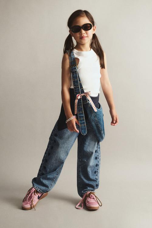Unisex Barrel Leg Denim Jean - Blue Haven Mid Blue/Embroidered Stars