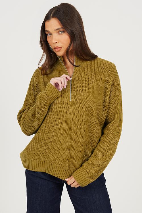 Ladies Half Zip Neck Jumper - Olive Green