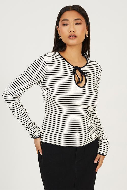 Ladies Ribbed Long Sleeve Striped Tie Top - Cream/Black