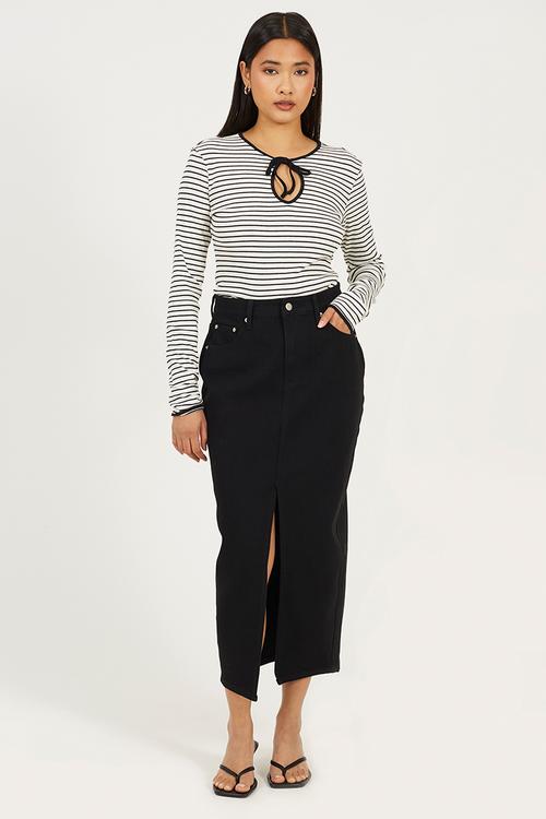 Ladies Ribbed Long Sleeve Striped Tie Top - Cream/Black