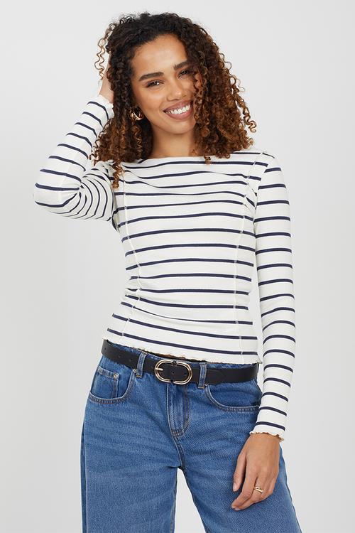 Ladies Long Sleeve Stripe T-Shirt - Black/White
