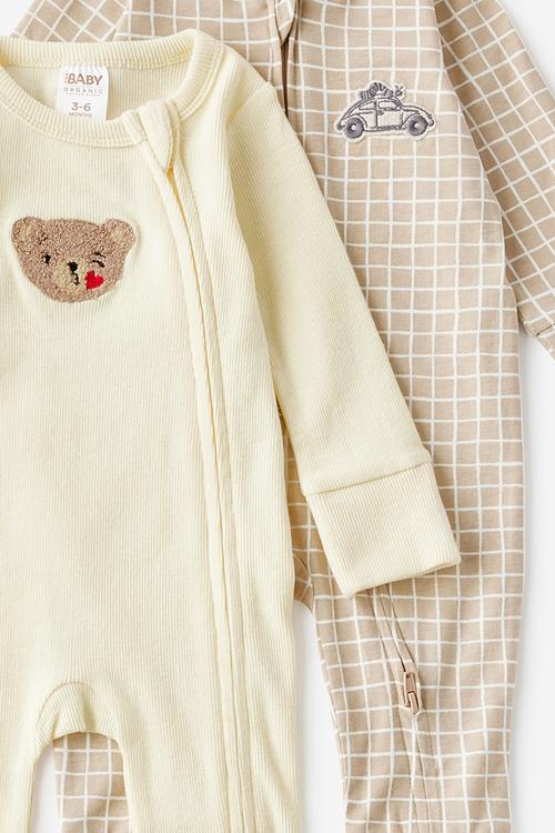 2 Pk Long Sleeve Zip Romper - Lemon Squash / Bear Kiss & Latte Cream Love Bug